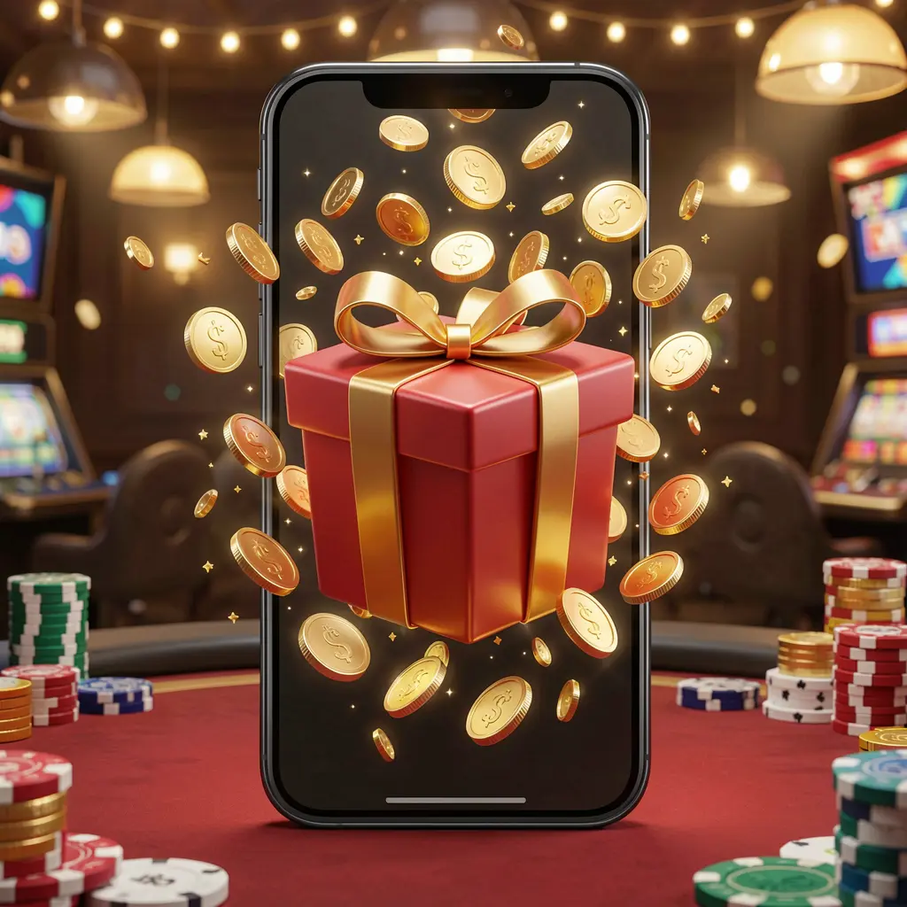 NK101 mobile casino bonus app concept showing a phone screen with a gift box and coins bursting out in a festive casino atmosphere, premium 3D illustration
