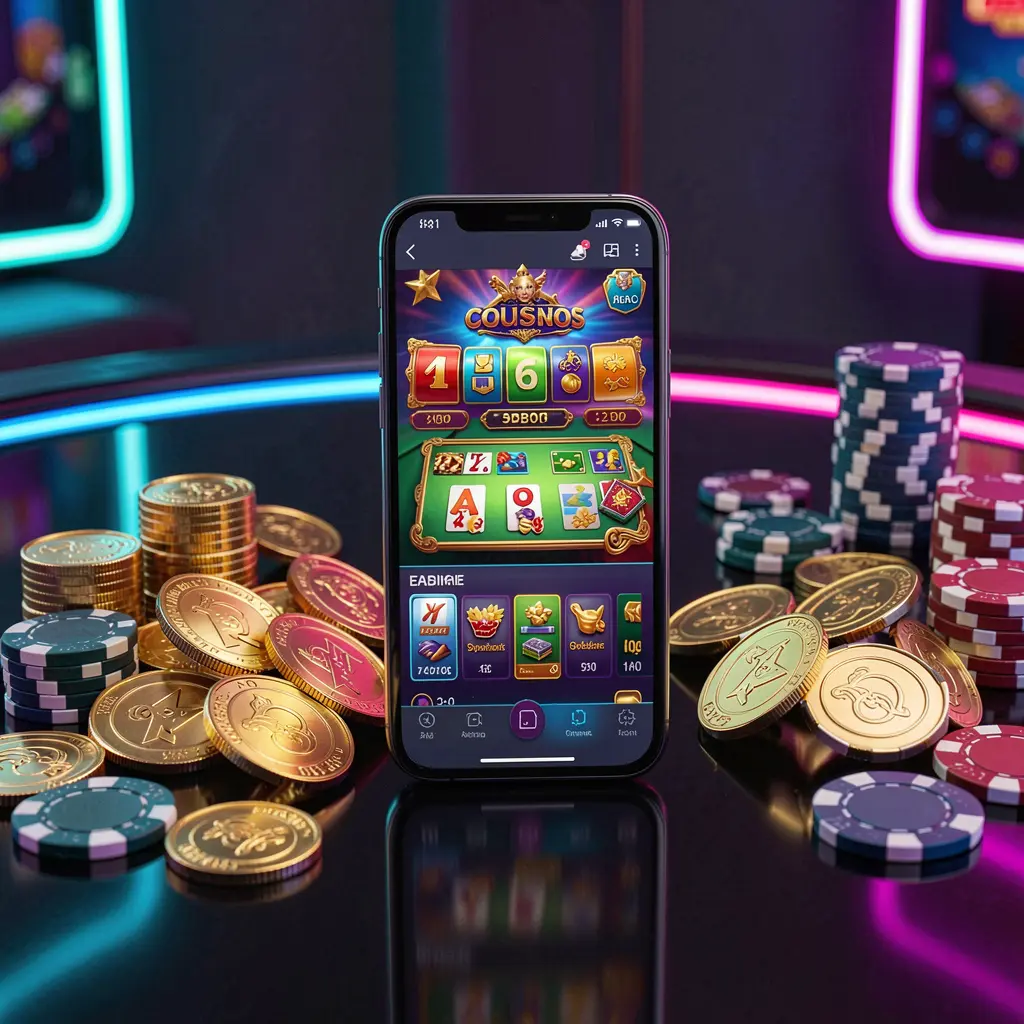 NK101 mobile casino dashboard on smartphone displaying colorful gaming interface with golden coins and poker chips on glossy table under elegant neon lighting