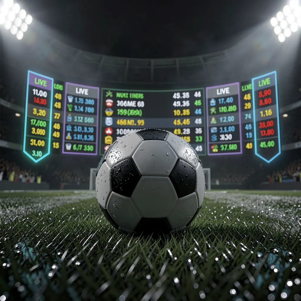 NK101 football betting page banner featuring a soccer ball on wet grass under dramatic stadium lights with glowing live odds graphics in a premium dark sports atmosphere