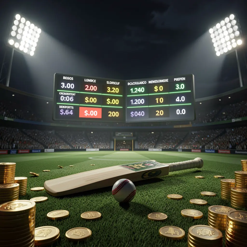 NK101 cricket betting page hero banner featuring a cricket stadium at night with bright floodlights, a cricket bat and ball on a green pitch, glowing odds panels, and golden coins in a premium dark cinematic 3D render atmosphere