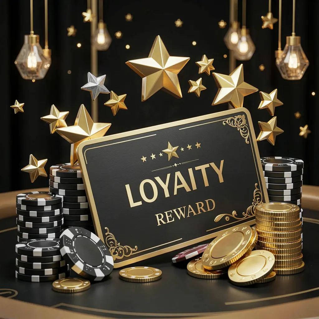 NK101 loyalty rewards casino image featuring golden stars, poker chips, coins, and a luxury reward card against an elegant black and gold background in a realistic 3D render