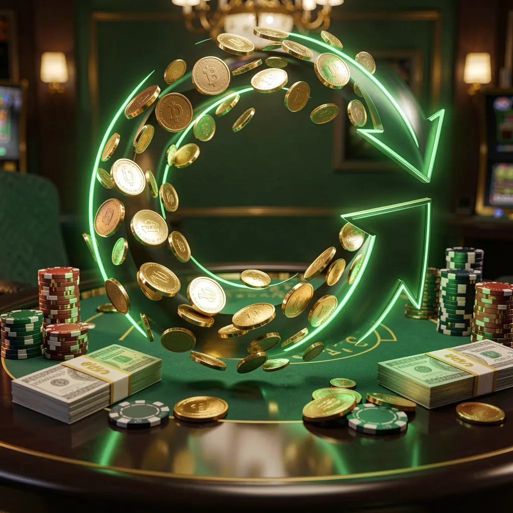 NK101 casino cashback bonus visual with golden coins returning in a circular arrow motion, poker chips and cash bundles on a glossy dark table with glowing green and gold accents in a premium online casino style