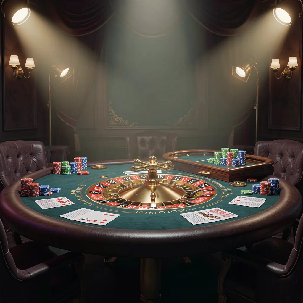 NK101 live casino scene featuring a roulette table, playing cards, and chips under glowing spotlights with a dark elegant background in a cinematic 3D style