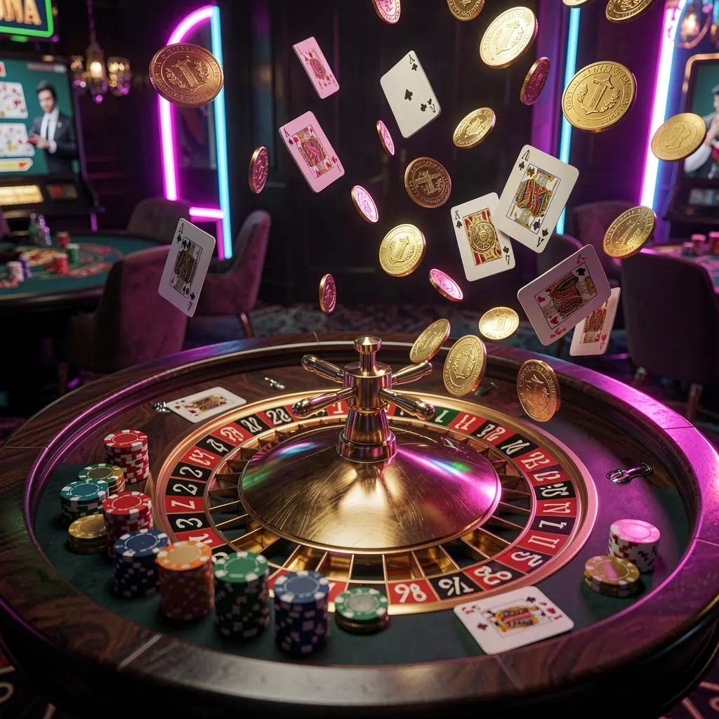NK101 premium casino gaming scene featuring an elegant roulette table with chips and cards, golden coins flying in the air under dramatic neon lighting in a high detail 3D render