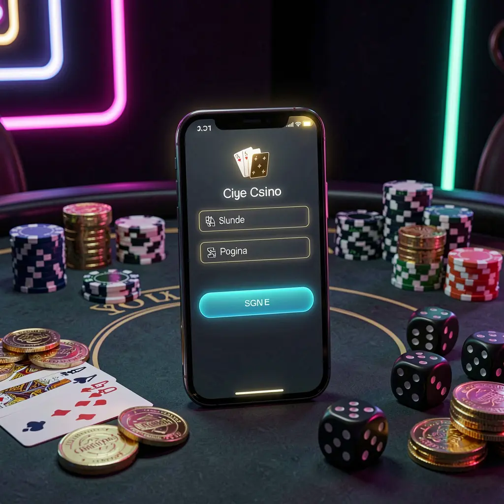 NK101 casino account sign in scene with a glowing smartphone on a casino table surrounded by cards, chips, dice, and gold coins, set against an elegant dark background with neon highlights in a realistic 3D render