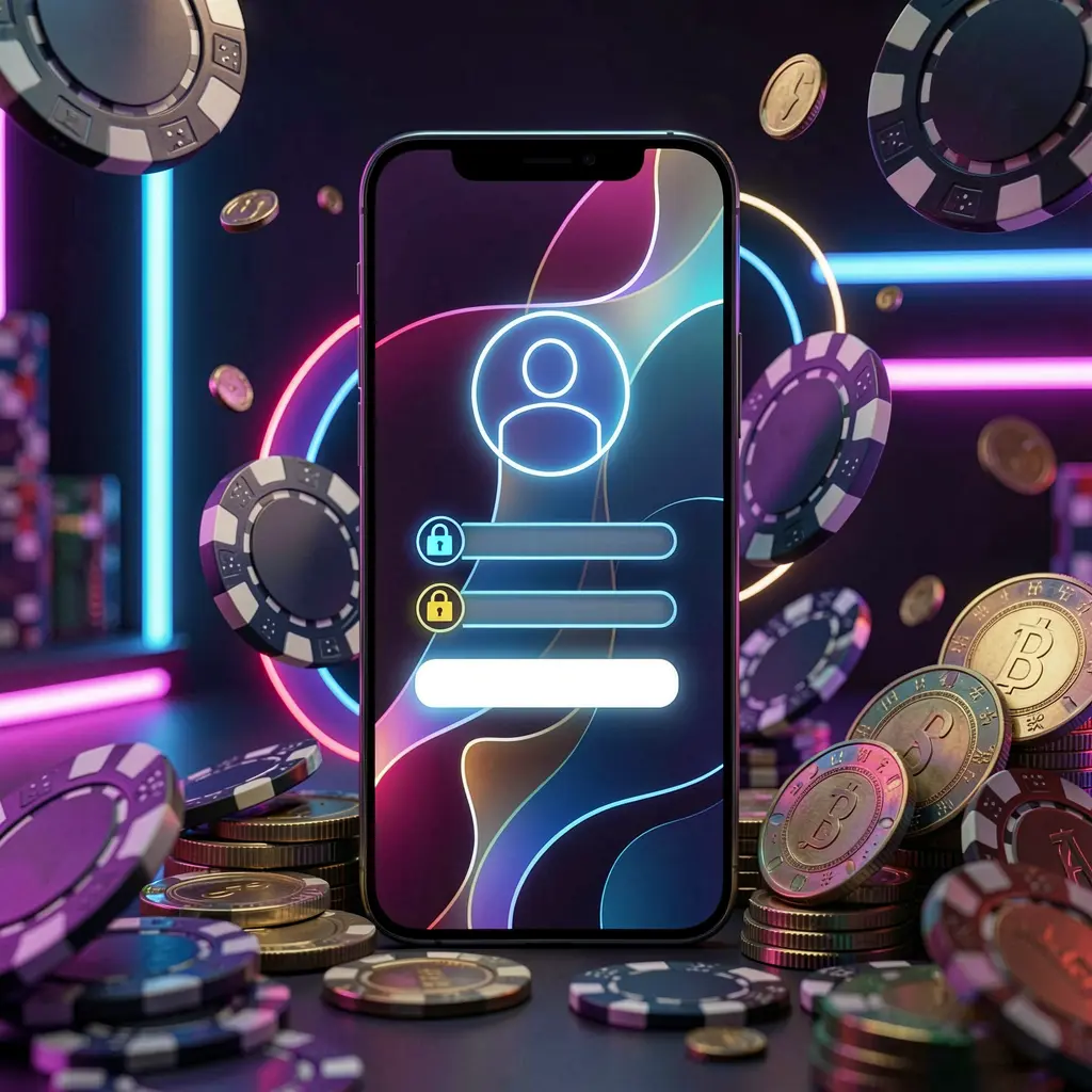 NK101 mobile gaming login page concept showing a smartphone with an abstract login interface featuring user and lock icons, surrounded by casino chips and coins illuminated by luxury neon lighting