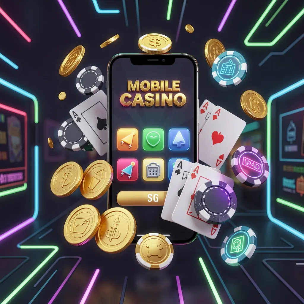 NK101 mobile casino homepage concept showing a smartphone surrounded by golden coins, chips, cards, and glowing icons on a modern dark background with neon accents